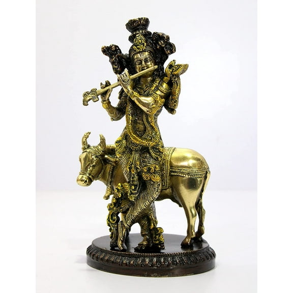 eSplanade Brass - Krishna with Cow Krishan Kishan Murti Idol Statue Sculpture | Pooja Idols | Home Decor -10" Inches - Golden Brown