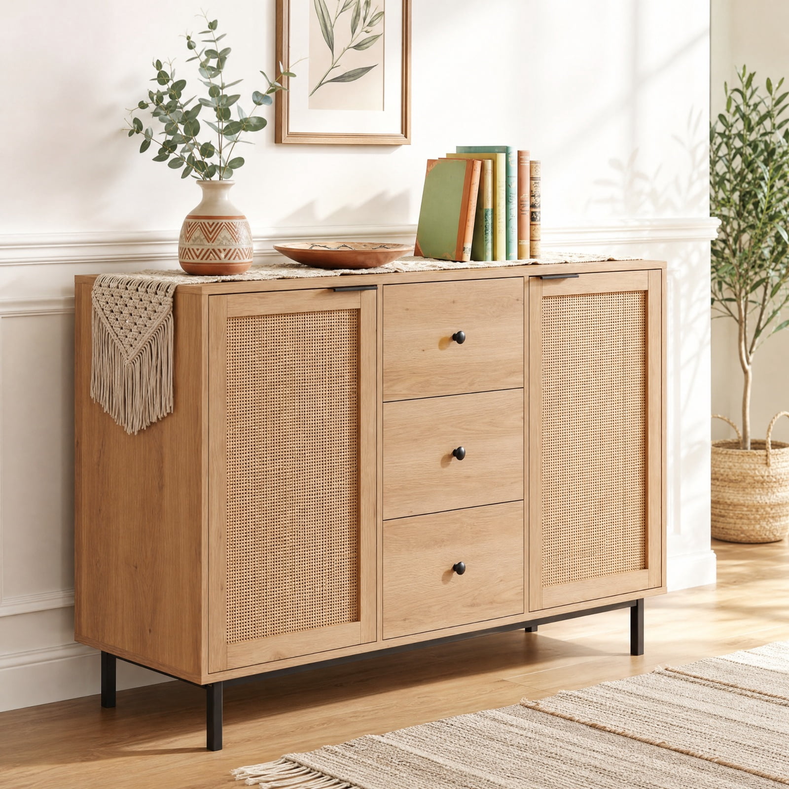 Furnibear Sideboard Buffet Cabinet Rustic Farmhouse Coffee Bar Table with 2 Rattan Doors and 3 Drawers for Kitchen Dining Living Room Buffet, Natural