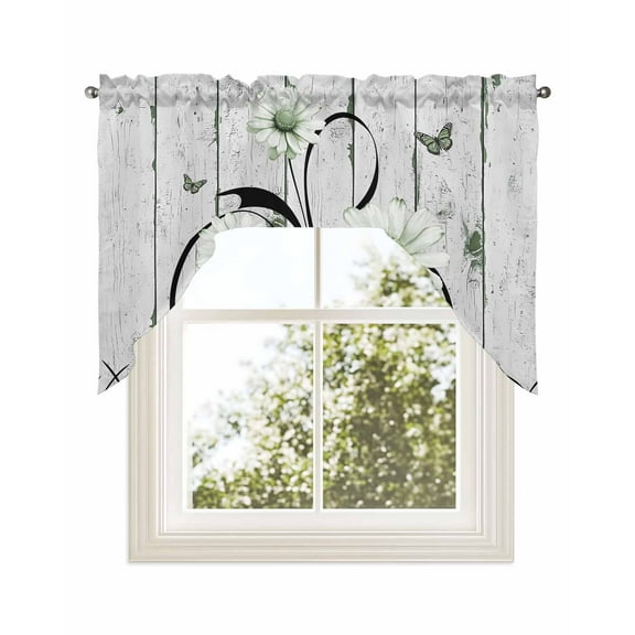 Sage Green Daisy Kitchen Curtains Swag Valance for Windows/Bathroom/Cafe, Retro Farmhouse Botanical Floral Wooden Rod Pocket Drape Panel Swag Curtains Valance for Bedroom/Living Room 56"x36"