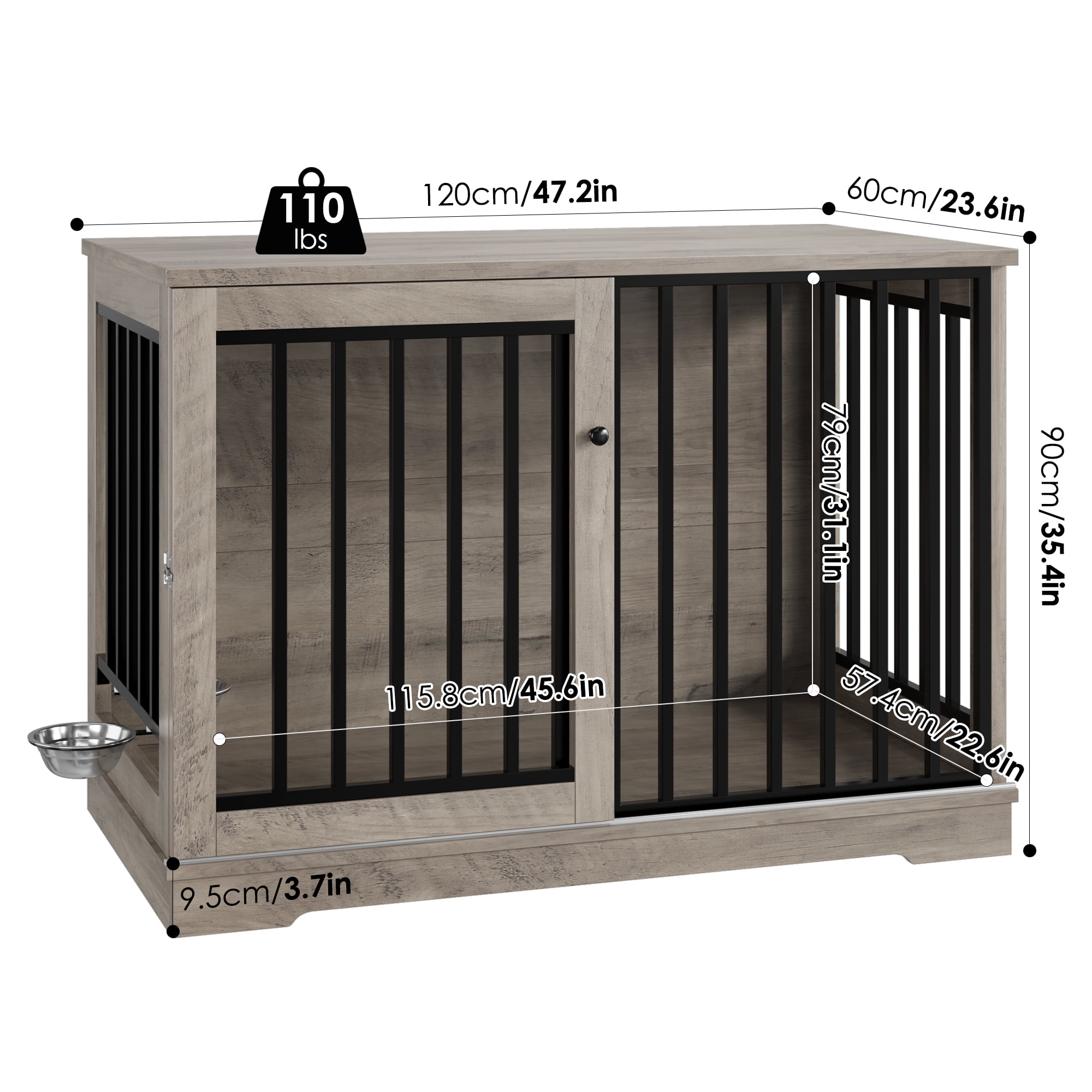 Homfa Dog Crate Furniture, 47.2''W Wooden Indoor Dog Cage Table with Sliding & Lockable Doors, Gray