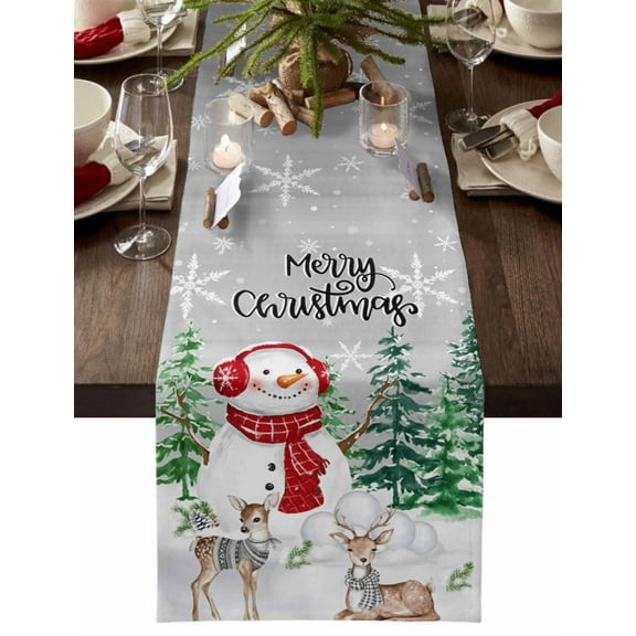 Christmas Table Runner Deer Snowman Table Runners Xmax Tree Snowflake Grey Cotton Linen Dresser Scarf Kitchen Dining Table Decor for Christmas Holiday Party Decor 13x36 Inch