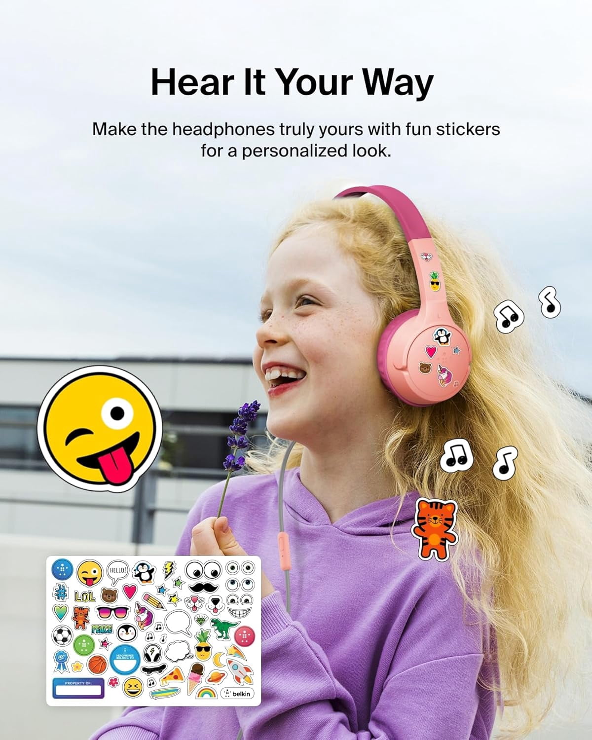 Belkin SoundForm Mini Kids Wired Headphones w/USB C to 3.5mm Dongle, Built-in Mic & Fun Stickers, 85dB Max Volume – for Online Learning, Travel, Compatible w/iPhone 16, iPad, Galaxy S25, etc - Pink