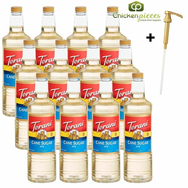 Torani Cane Sugar Sweetener Syrup, Professional Liquid Simple Syrup, Shatter-Resistant 1L Plastic Bottle + Bonus Squeeze Pump