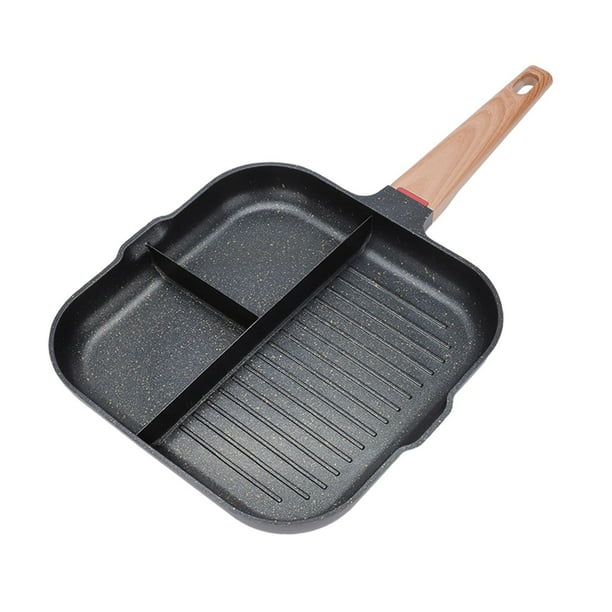 Sartén para parrilla dividida, sartén para huevos para desayuno, mango de madera antiadherente Negro
