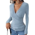 thumbnail image 1 of Womens Long Sleeve Shirts V Neck Ribbed Knit Slim Fit Button Light-Weight Sweater Fall Casual Work Tops Light Blue M, 1 of 10