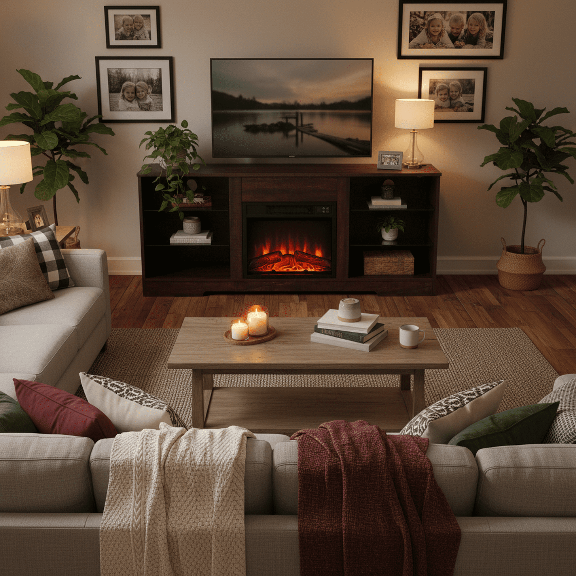 Homy Casa 58 Inch Electric Fireplace TV Stand for 65 Inch TV with Storage Cabinets, LED Flame and Power Outlets