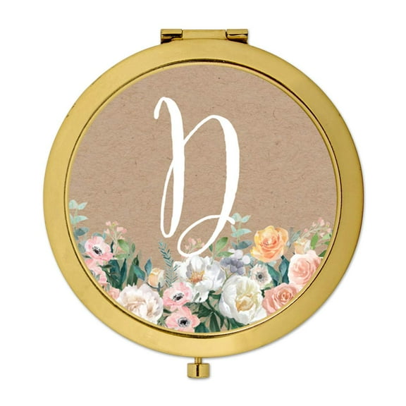 Koyal Wholesale Gold Compact Mirror Bridesmaid's Wedding Gift, Peach Flower Florals | Kraft Brown, Monogram Letter D