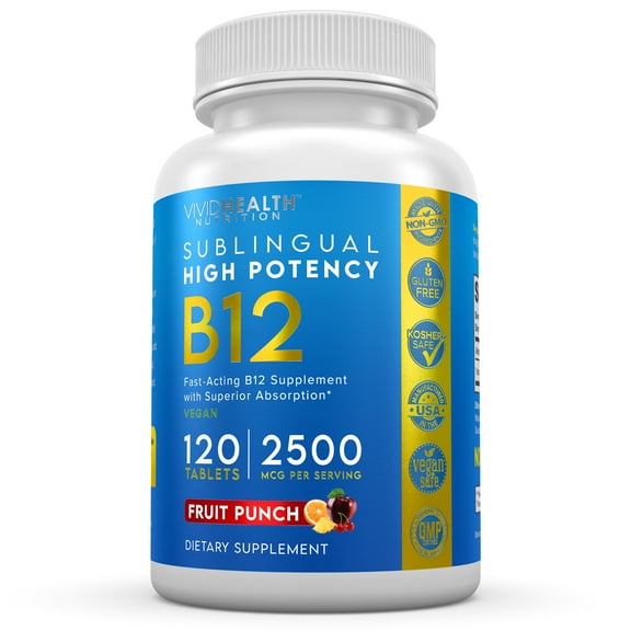 Energy Boosting Vitamin B12 Sublingual: Vegan B-12, 120 Fast Absorption, Fruit Punch Tables