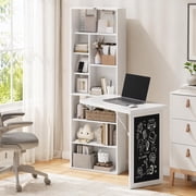 HOMCOM Fold-Out Wall Mounted Computer Desk with Storage Shelves, Convertible Folding Writing Desk Cabinet with Chalkboard, Space-Saving Home Office Desk, Adjustable Shelf, White