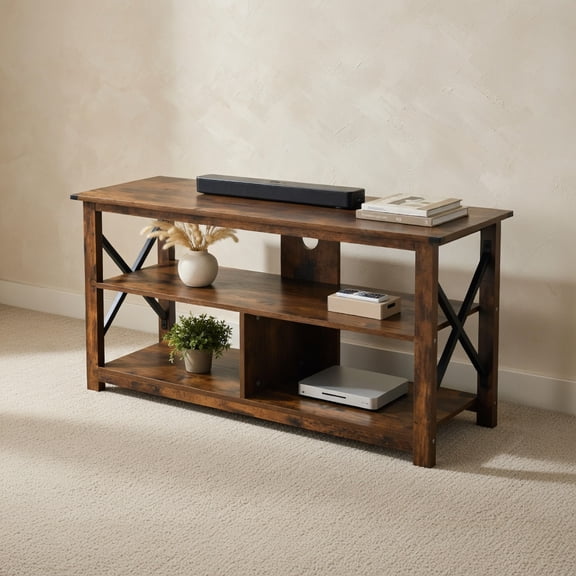YYAo TV Stand, Television Console Table,Entertainment Center,3 Tier Wood TV Stand for 55-Inch with Open Shelves and X-Shaped Frame-Brown