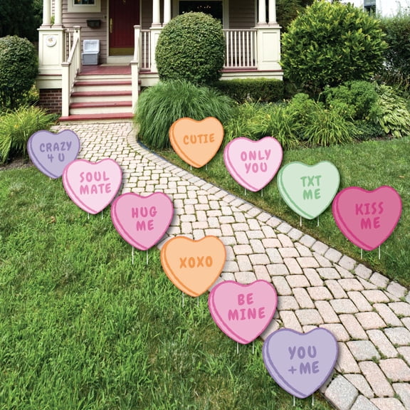 Big Dot of Happiness Valentine Hearts Outdoor Decorations, Pastel Candy Heart-Shaped Lawn Ornaments, Galentine's & Valentine's Day Party Yard Signs - 10 Piece