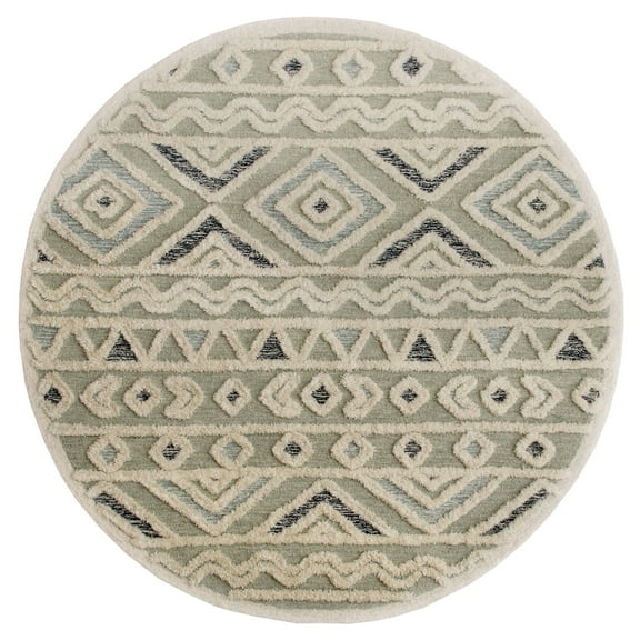 Laddha Home Designs 6' Beige and Blue Geometric Hand Tufted Wool Round Area Throw Rug