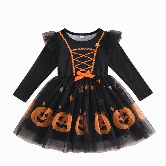 mgoYE Toddler Girls Halloween Dress Long Sleeve Print Dresses Baby Cute Holiday Party Outfit
