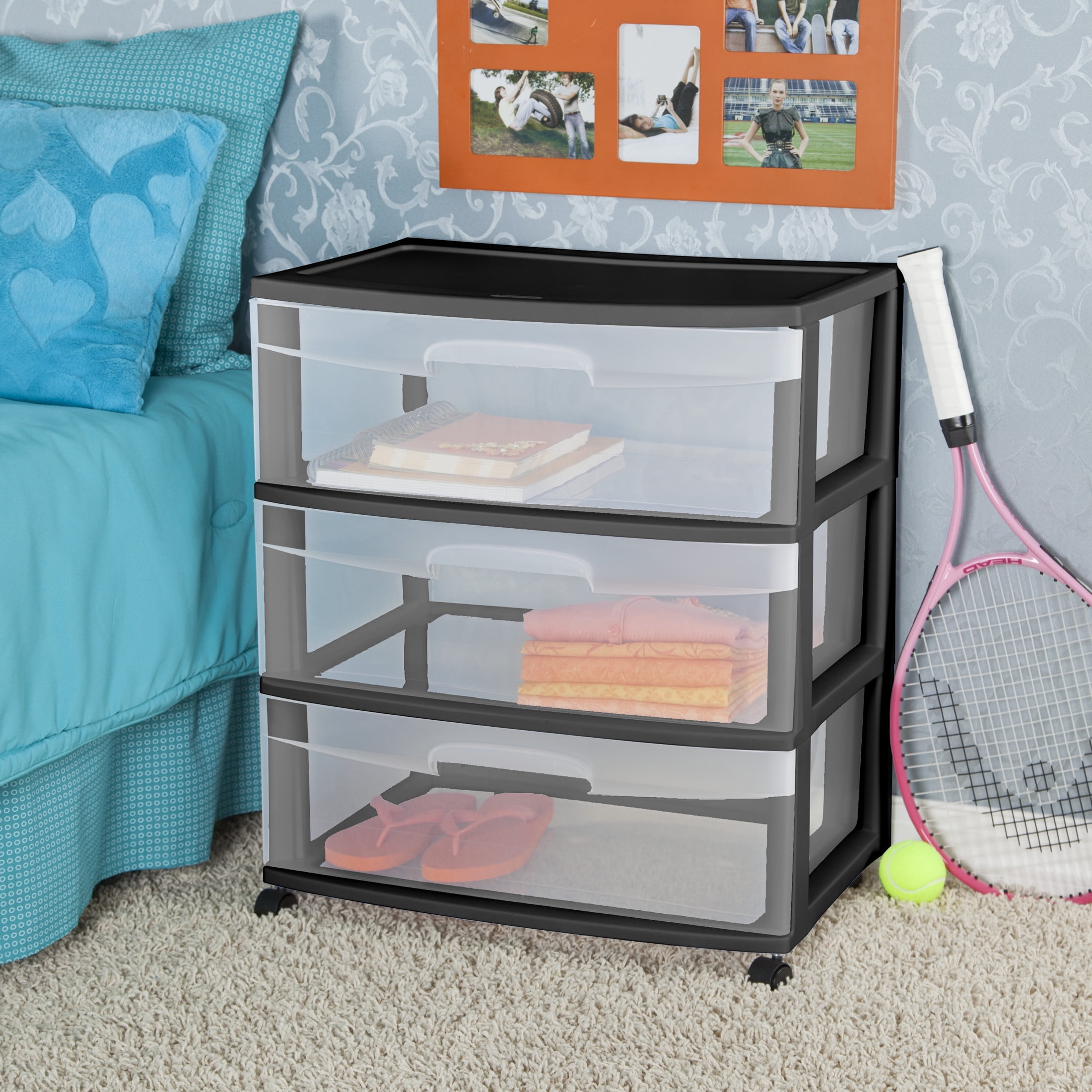 Sterilite 3 Drawer Wide Cart, Clear Plastic Storage Drawers, Wheels Included, Black