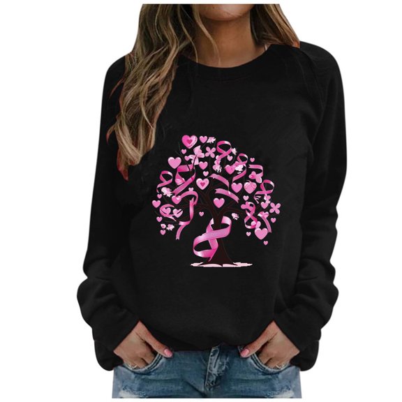 WREESH Women's Round Neck Loose Long Sleeve T-Shirt Breast Cancer Awareness Sweatshirts Pink Ribbon Graphic Top Black