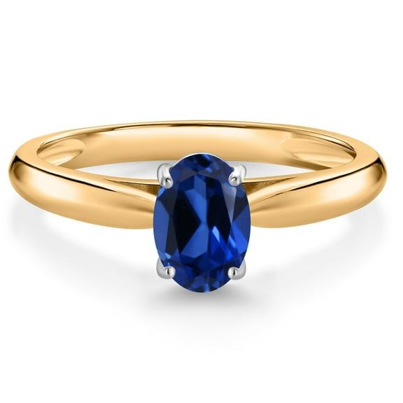 Gem Stone King 10K Yellow Gold Blue Created Sapphire Solitaire Engagement Ring for Women (1.00 Cttw, Oval 7X5MM, Gemstone September Birthstone, Size 5)