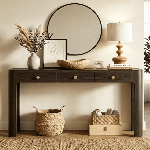 Aukfa 52" Console Table with Curved Corners, 3 Drawers & Thick Legs, Entryway Table for Living Room & Hallway, Espresso