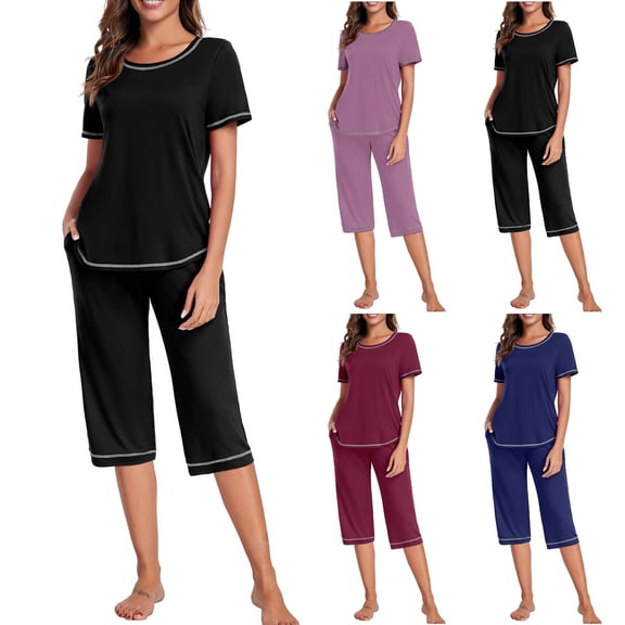 Bovxnpu Two Piece Sets for Women Summer,Lougewear Sets for Women,Women's Casual Loose Solid Round Neck Short Sleeved Capris Home Set Pajamas And Pajamas