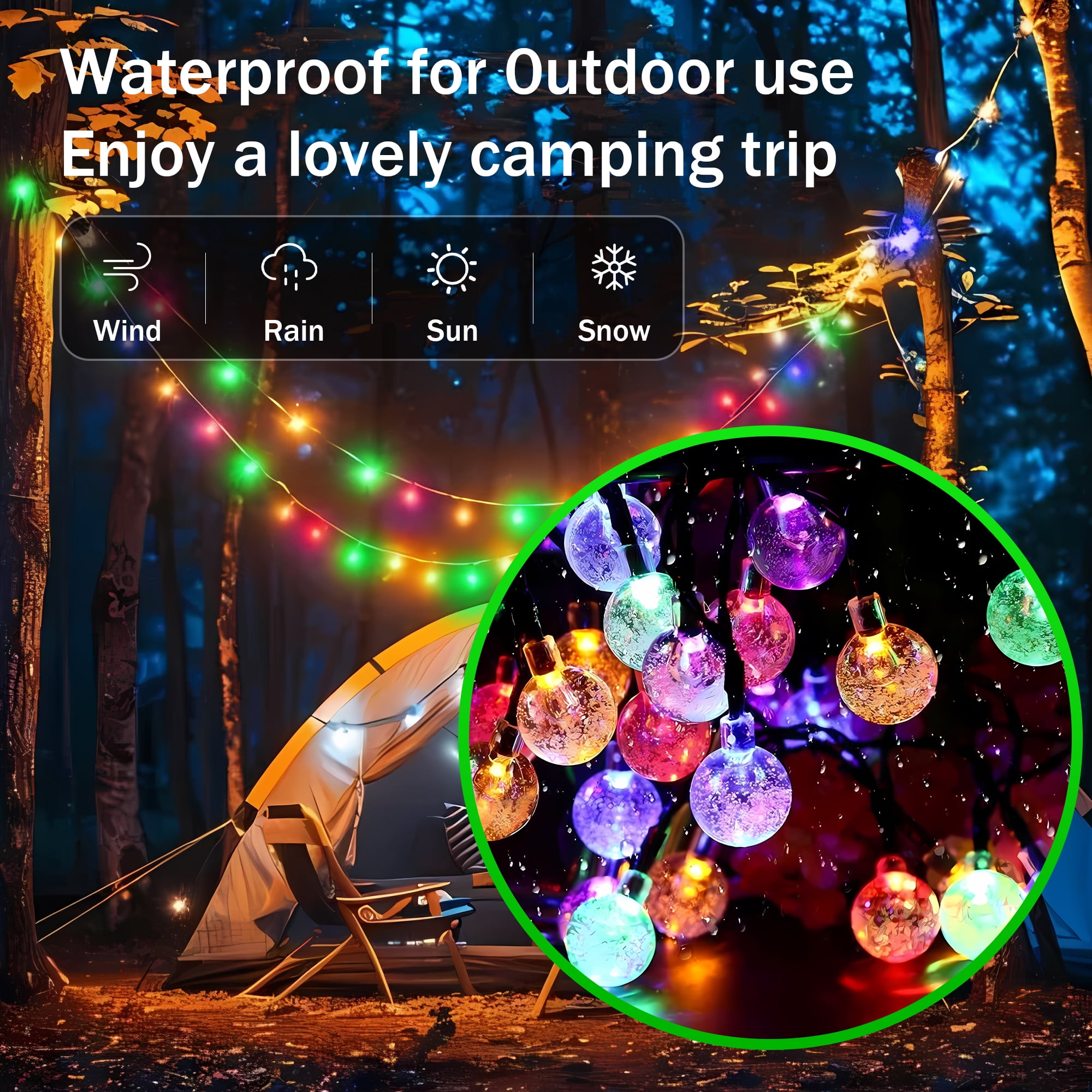 Phopollo Solar Outdoor String Lights，78Ft Multicolor 200 LED Bulbs Crystal Globe Lights,IP65 Waterproof, 8 Lighting Modes，Solar Powered Patio Lights for Garden Yard Porch Wedding Party Decor.