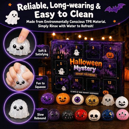 Halloween Dumpling Squishy Mystery Box, Glitter Slow Rise Spooky Stress Balls, 12 Days Halloween Advent Calendar Squeeze Fidget Toys Kids Adults Holiday Present A1