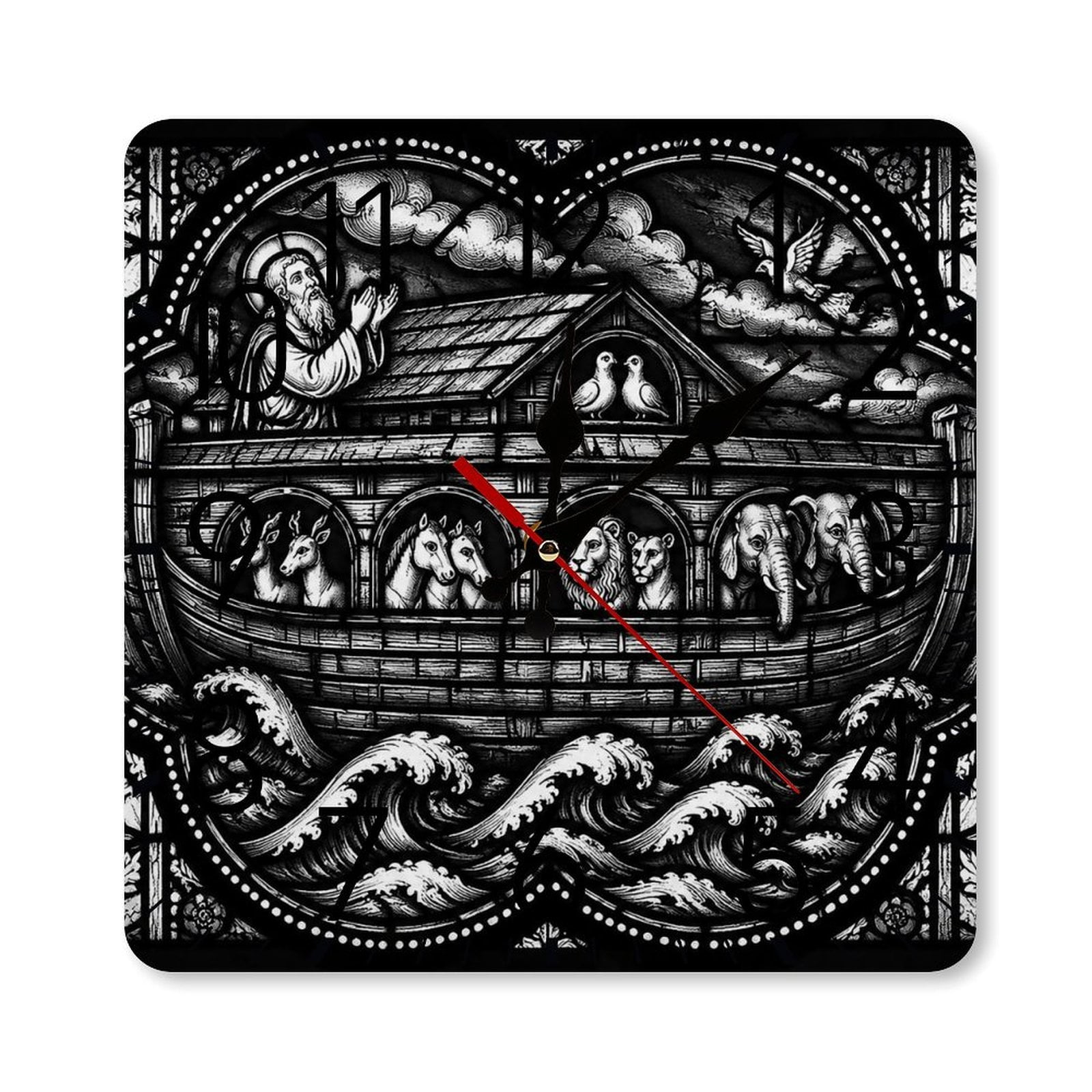 RKSupls 10×10inch Square Silent Wall Clock Wooden Frame, Noah Ark Animals Woodcut Art Scale Decorative Clock for Home Bedroom Living Room Office