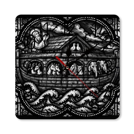 RKSupls 10×10inch Square Silent Wall Clock Wooden Frame, Noah Ark Animals Woodcut Art Scale Decorative Clock for Home Bedroom Living Room Office