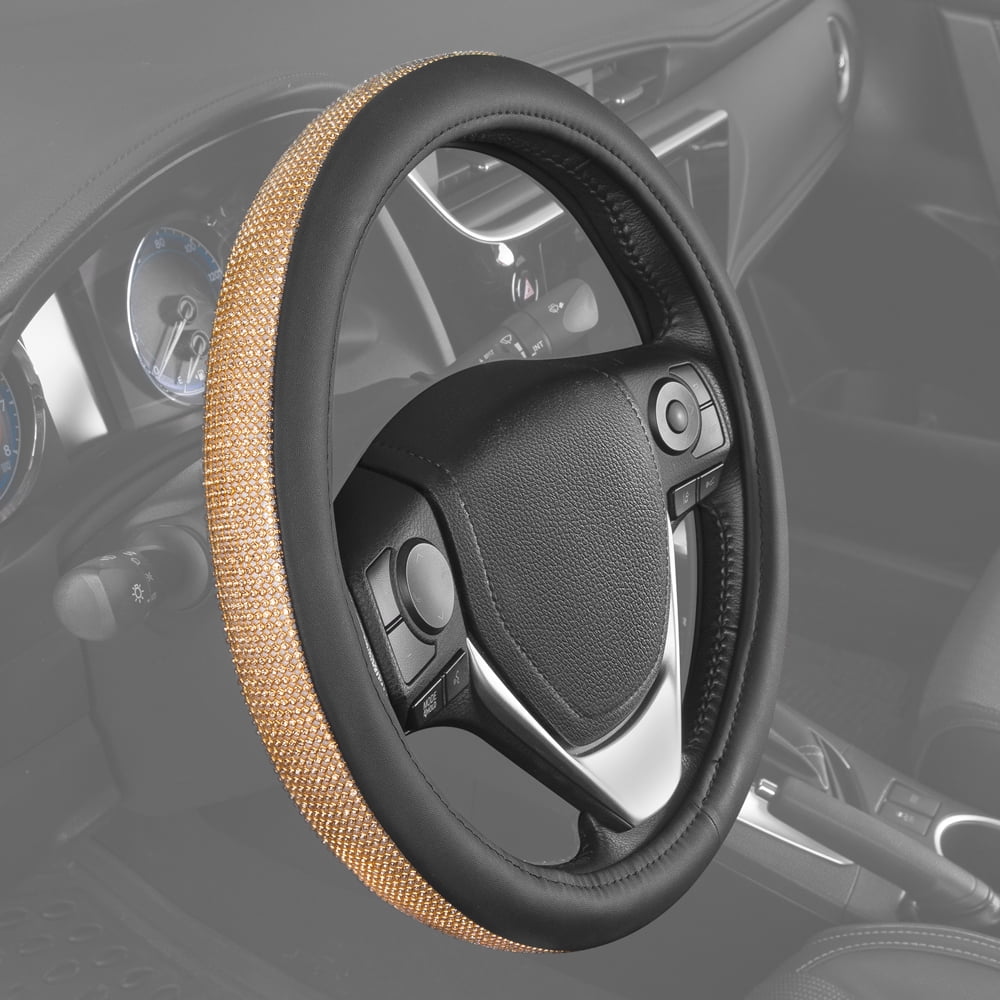BDK Glitter Rhinestones Cute Stylish Bling Bling Sparkle Steering Wheel Cover, Universal Size (Crystals - Gold)