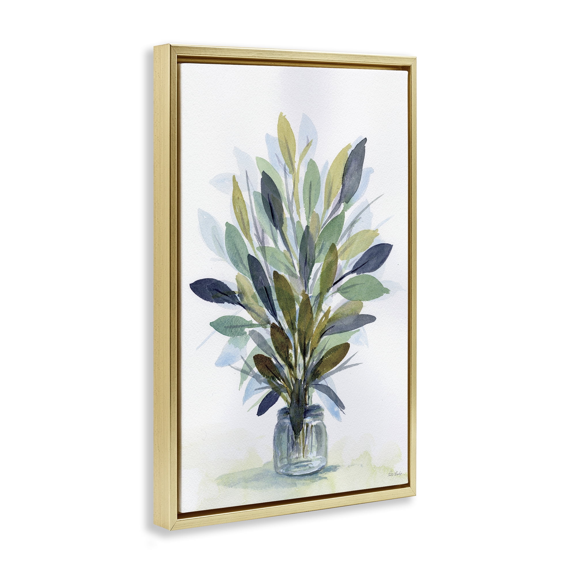 Stupell Industries Rustic Leaves Jar Botanical & Floral Painting Gold Floater Framed Art Print Wall Art, 21 x 31