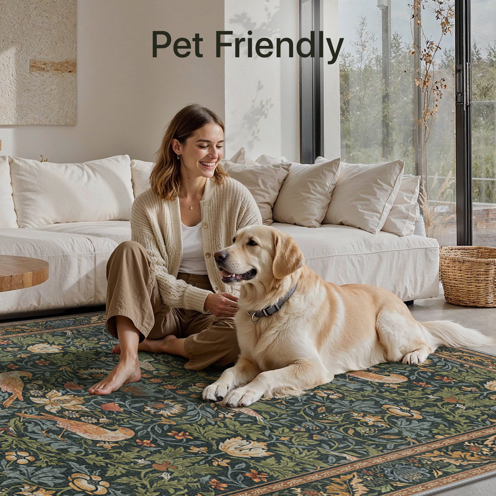 KUETH 5'x7' Vintage Floral Area Rugs for Living Room, Non Slip Machine Washable Forest Bird Rug, Low Pile Print Rug for Bedroom Dining Room Home Office