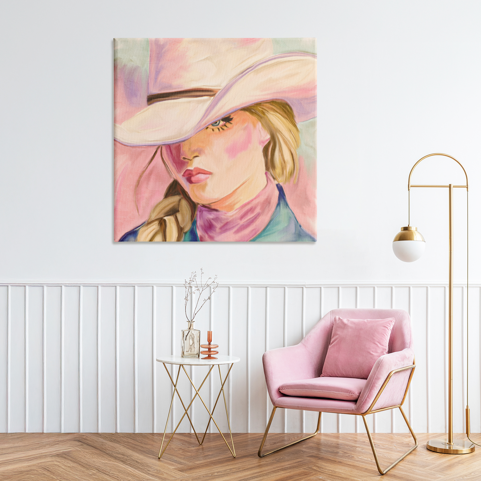 Pastel Cowgirl Gaze Beneath Hat Canvas Wall Art, design by Kim Allen