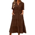 thumbnail image 2 of Ayolanni Solid Dresses for Women 2026 V Neck Short Sleeve A-Line Maxi Dress Casual Beach Knit Elegant Long Dress with Pockets Brown L, 2 of 6