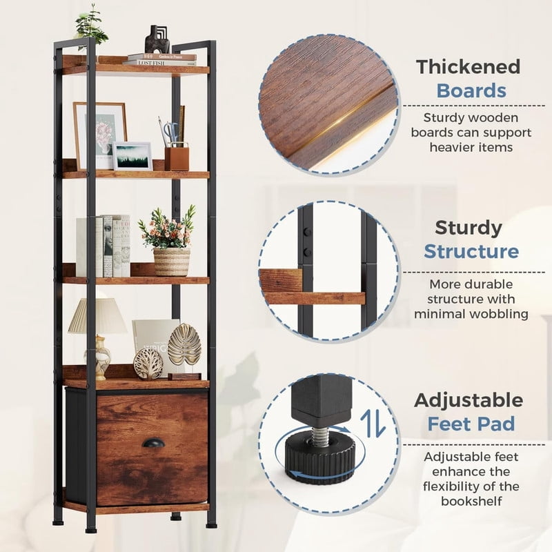 Kelno 5 Tier Bookshelf 55"x15" Bookcase with Fabric Drawer Open Storage Shelves Free Standing Wooden Display Rack,Rustic Brown