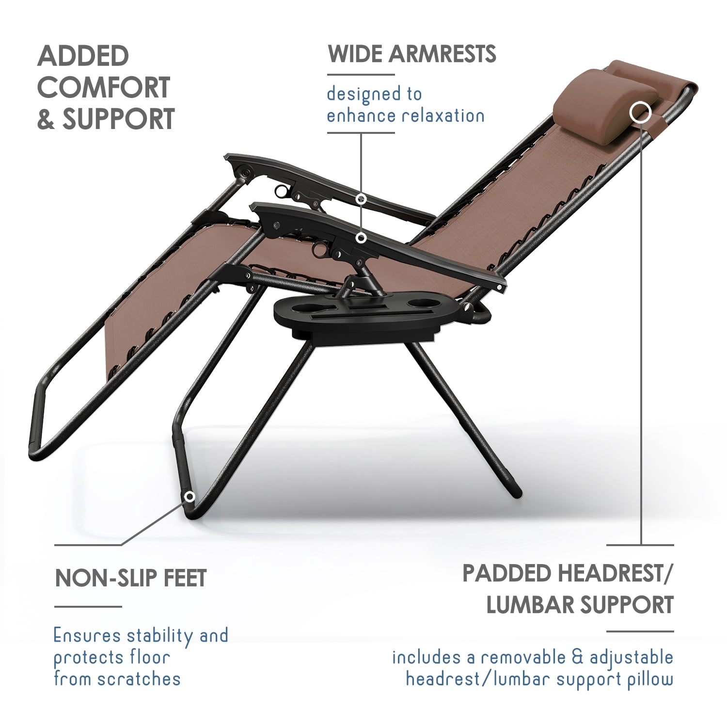 LammaLoe Zero Gravity Chair, Outdoor Lounge Chairs with Cup Holder, Brown