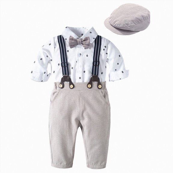 newwalpole Baby Boy Suit 0-24M Gentleman Outfit Clothes Set Infant Long Sleeve Dress Shirt Suspender Pants Bowtie Beret Hat(Silver, 12-18 Months)
