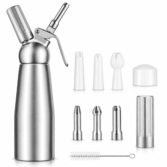 Whipped Cream Dispenser 500mL Aluminum Cream Whipper with 6 Decorating Nozzles for Desserts Coffee and Cakes, N2O Chargers Not Included