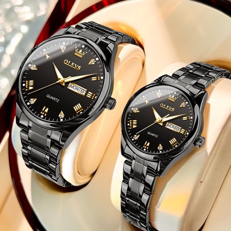 OLEVS Valentines Couple Pair Quartz Watches Luminous Calendar Date Window 3ATM Waterproof, Casual Stainless Steel His and Hers Wristwatch for Men Women Lovers Wedding Romantic Gifts Set of 2