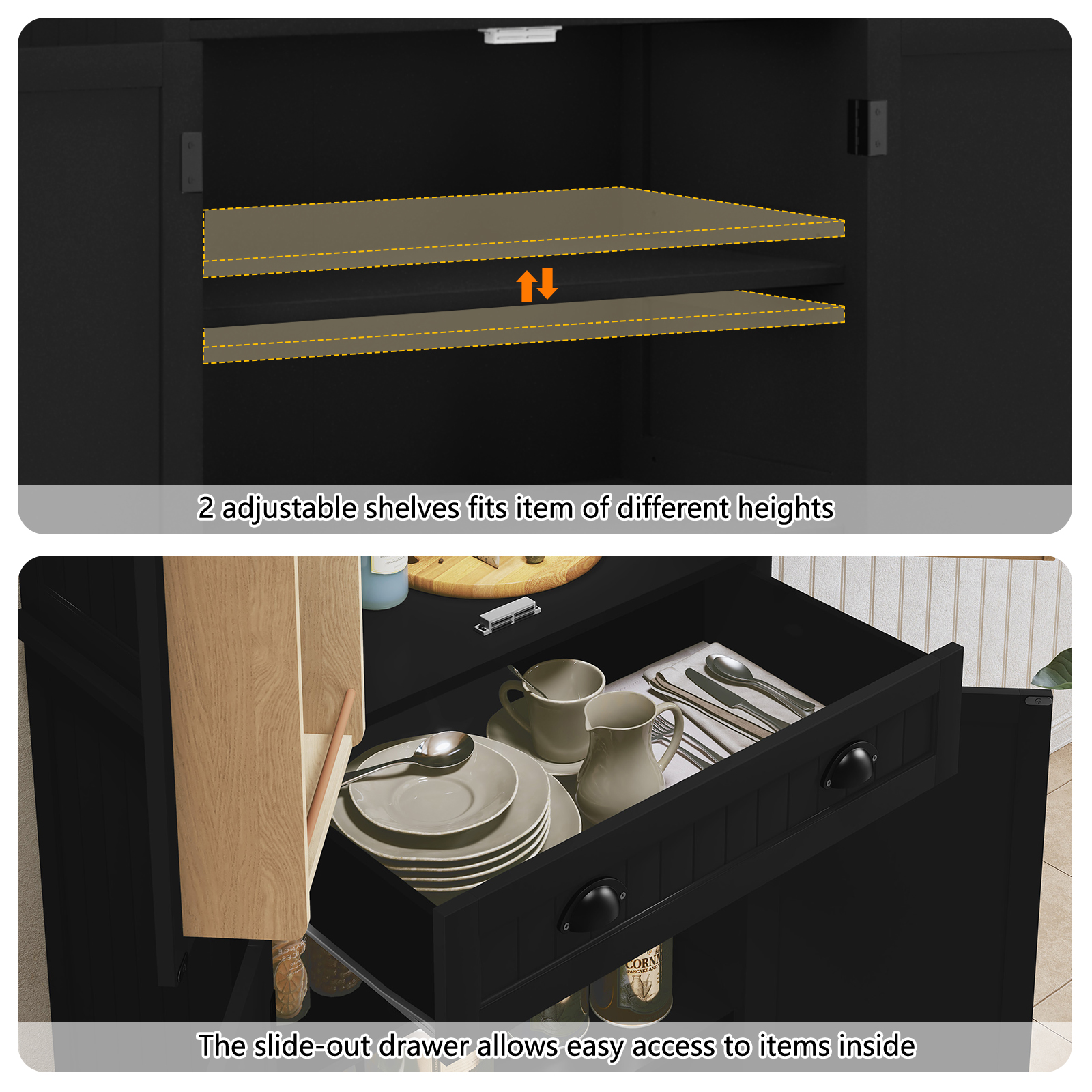 HLR 72" Utility Pantry Storage Cabinet, Tall Cupboard with Door Shelves and Drawer for Kitchen, Black