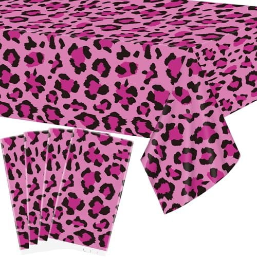 4 Pcs Leopard Party Tablecloth Supplies, Pink Animal Cheetah Waterproof Rectangular Table Cover for Zoo Jungle Safari Leopard Party Decorations 58 x 108 Inch