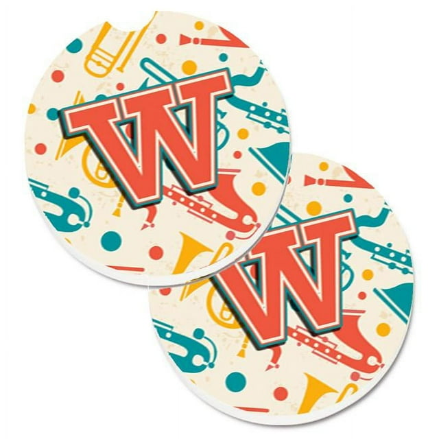 Carolines Treasures CJ2001-WCARC Lettre W Rétro Turquoise Instruments de Musique Orange Initial Ensemble de 2 Tasse Titulaire Voiture Coaster