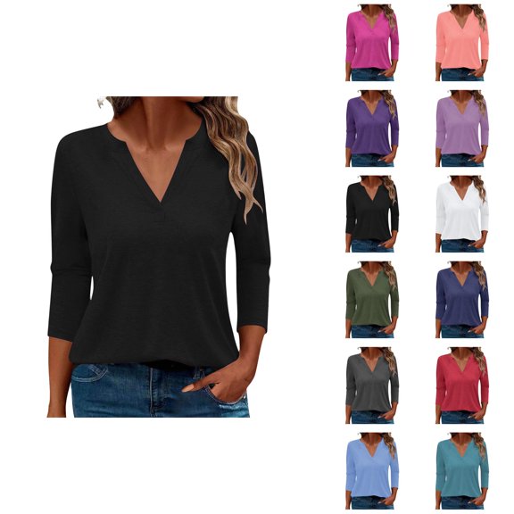 3/4 Length Sleeve Womens Tops Spring Summer V Neck Plain Casual Blouse Office Work Shirts Solid Basic Tee Tops
