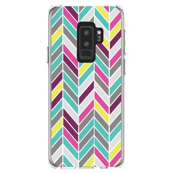 DistinctInk Clear Shockproof Hybrid Case for Samsung Galaxy S9  PLUS (6.2" Screen) - TPU Bumper, Acrylic Back, Tempered Glass Screen Protector - Pink Purple Teal Herringbone
