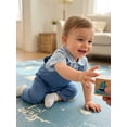 thumbnail image 3 of BemeyourBBs Baby Boy Summer Clothes Baptism Gentleman Church Outfit Plaid Short Sleeves Button Down Romper with Bowtie and Denim Bib Overalls Jumpsuit Front Pocket Suspender Pants Set, 3 of 9