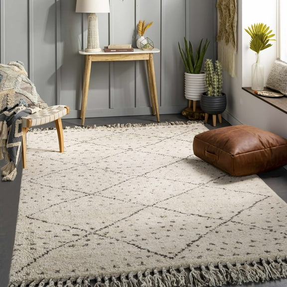 Hauteloom Halling Wool Living Room, Bedroom Area Rug - Bohemian, Transitional - High Pile - Charcoal, Cream, Gray - 2' x 3'