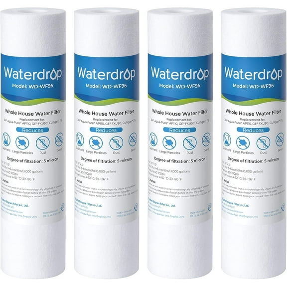 Watedrop 5 Micron Water Filter 10" x 2.5" Whole House Water Filter Replacement Cartridge, Sediment Water Filter Replacement for Any 10 inch RO Unit, Aqua-Pure® AP110, Culligan® P5, WHKF-GD05, 4 Pack