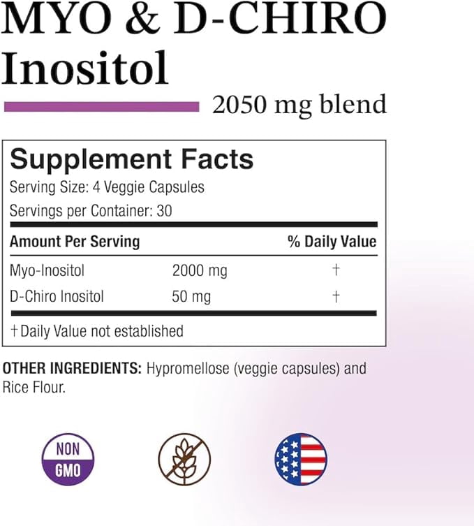 Puregen Labs Inositol Supplement | Myo Inositol & D-Chiro Inositol 2050mg - 120 Veggie Caps | No Harmful Additives | Non-GMO, NO Gluten and Dairy – 2PK