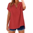 thumbnail image 1 of Ploknplq Linen Shirts for Women,Linen Button Down Shirt Women,Womens Linen Tops,Fashion Casual V Neck Short Sleeve Top T Shirt,Elbow Length Tee Shirts for Women,Gauze Shirts for Women Red M, 1 of 5