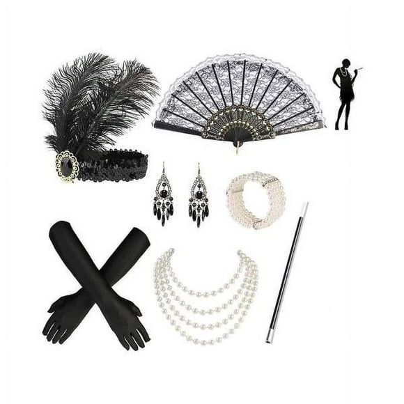 1920 Set Great Gatsby Accessories Set Party Costumes Women With Flap Headband Gloves Pearl Necklace Earrings For Ha Style 1