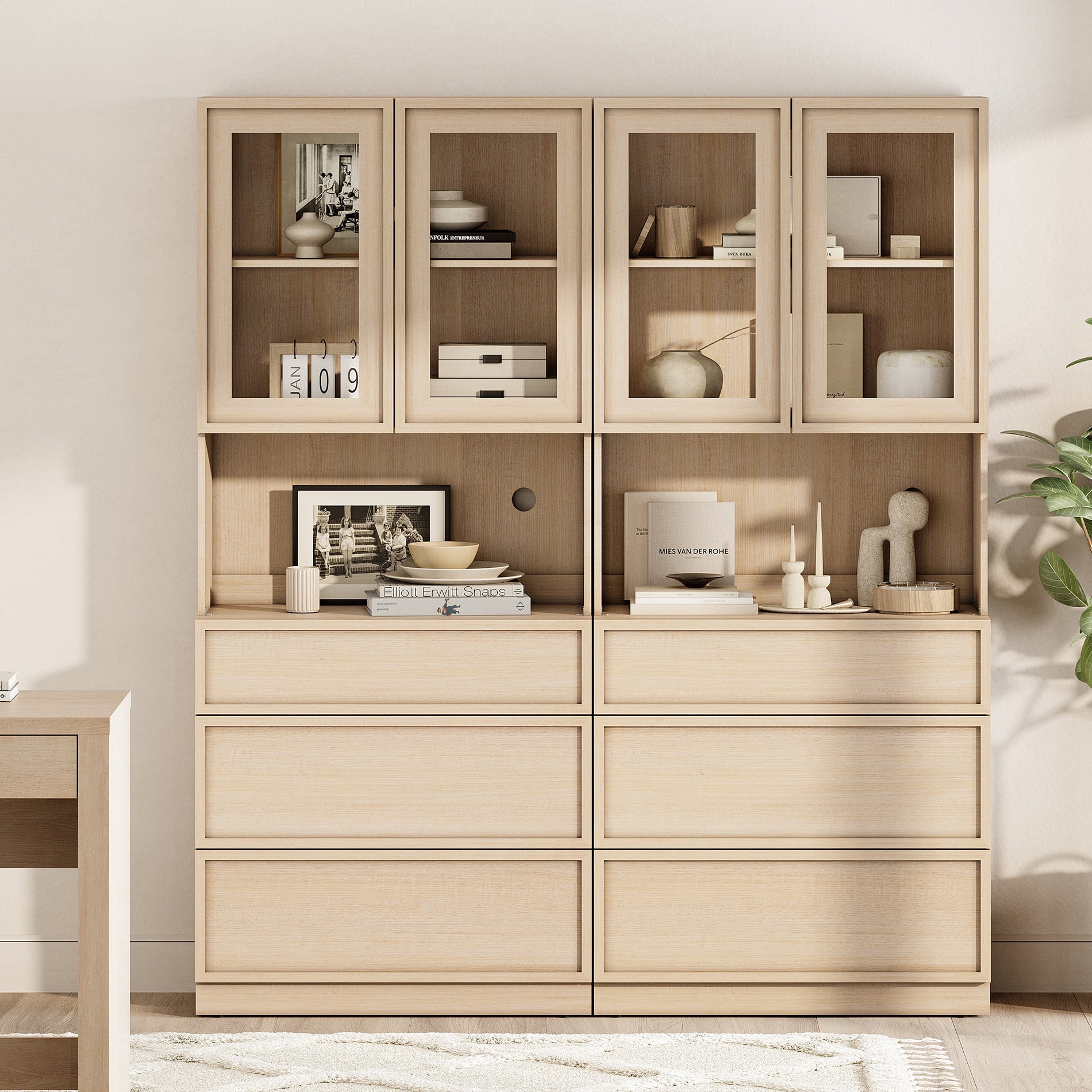 Modern 72" Tall Bookshelf with 6 Drawers and Book Shelves, Library Bookcase with Storage Cabinet and Glass Display Shelves,Beige