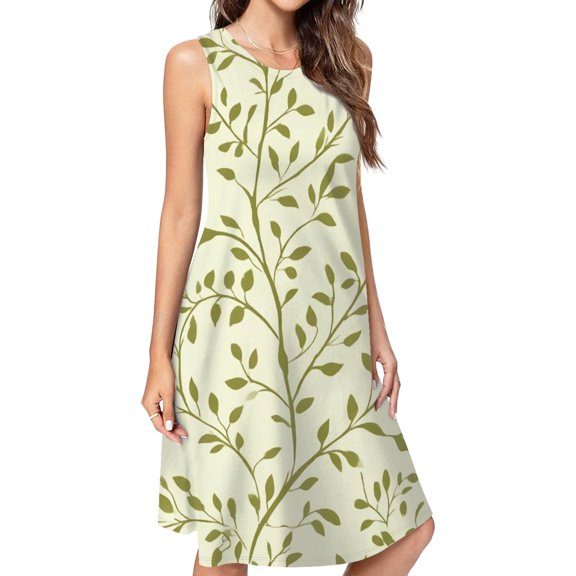 Olive Green Leafy Branch Pattern Dress Elegant Party Dresses Evening Dresses Women Dress Sleeveless Dress Ladies Dresses