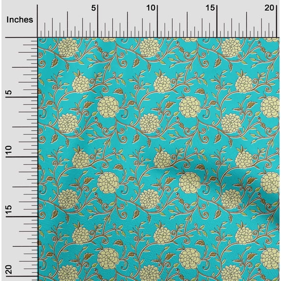oneOone Cotton Jersey Turquoise Green Fabric Leaves & Flower Floral Sewing Material Print Fabric By The Yard 58 Inch Wide